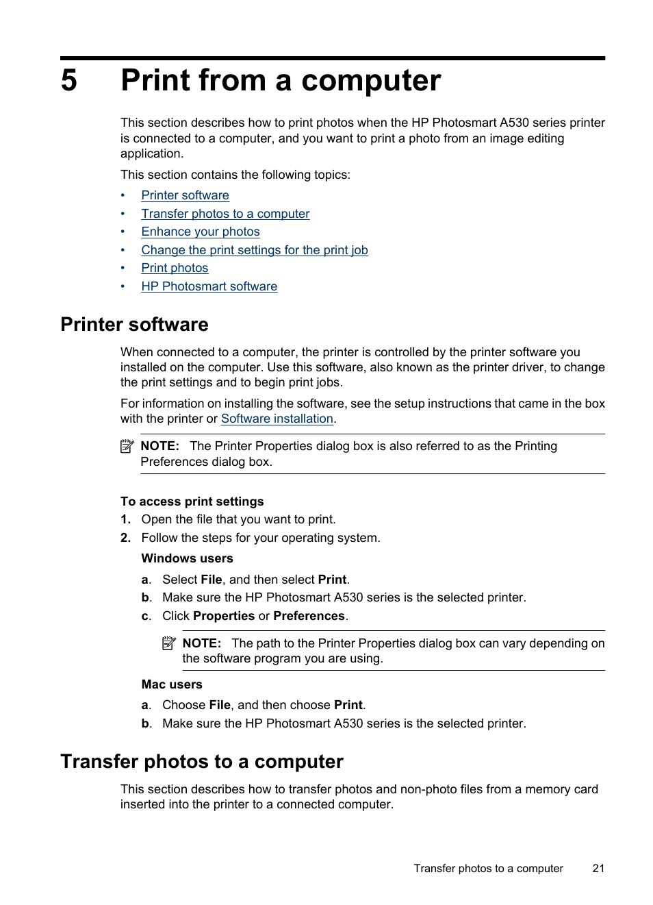 Print from a computer, Printer software, Transfer photos to a computer | 5 print from a computer, Printer software transfer photos to a computer, Transfer photos, 5print from a computer | HP Photosmart A530 Series User Manual | Page 23 / 68