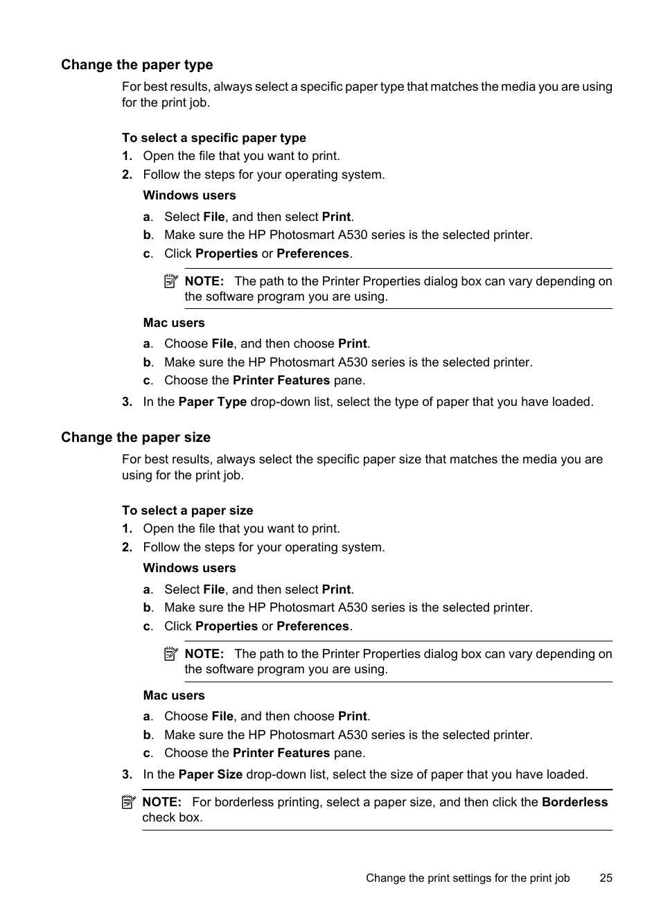 Change the paper type, Change the paper size | HP Photosmart A530 Series User Manual | Page 27 / 68