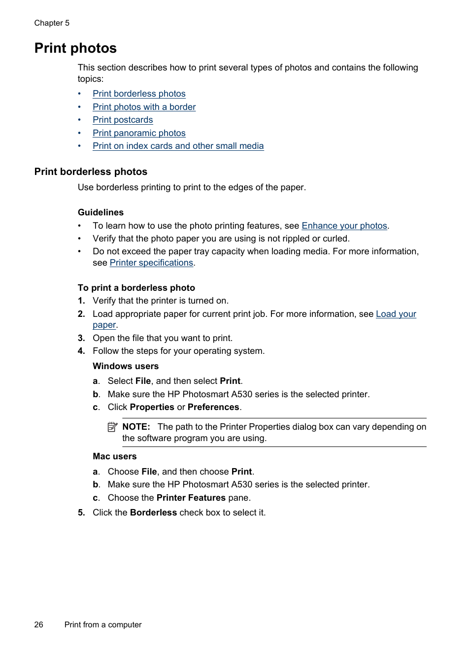 Print photos, Print borderless photos | HP Photosmart A530 Series User Manual | Page 28 / 68