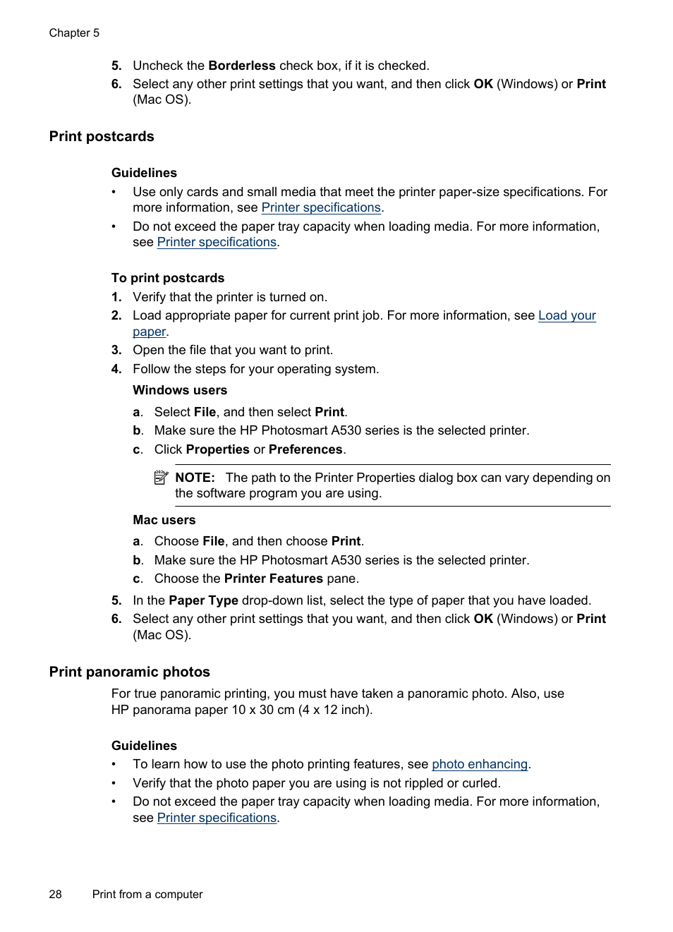 Print postcards, Print panoramic photos | HP Photosmart A530 Series User Manual | Page 30 / 68