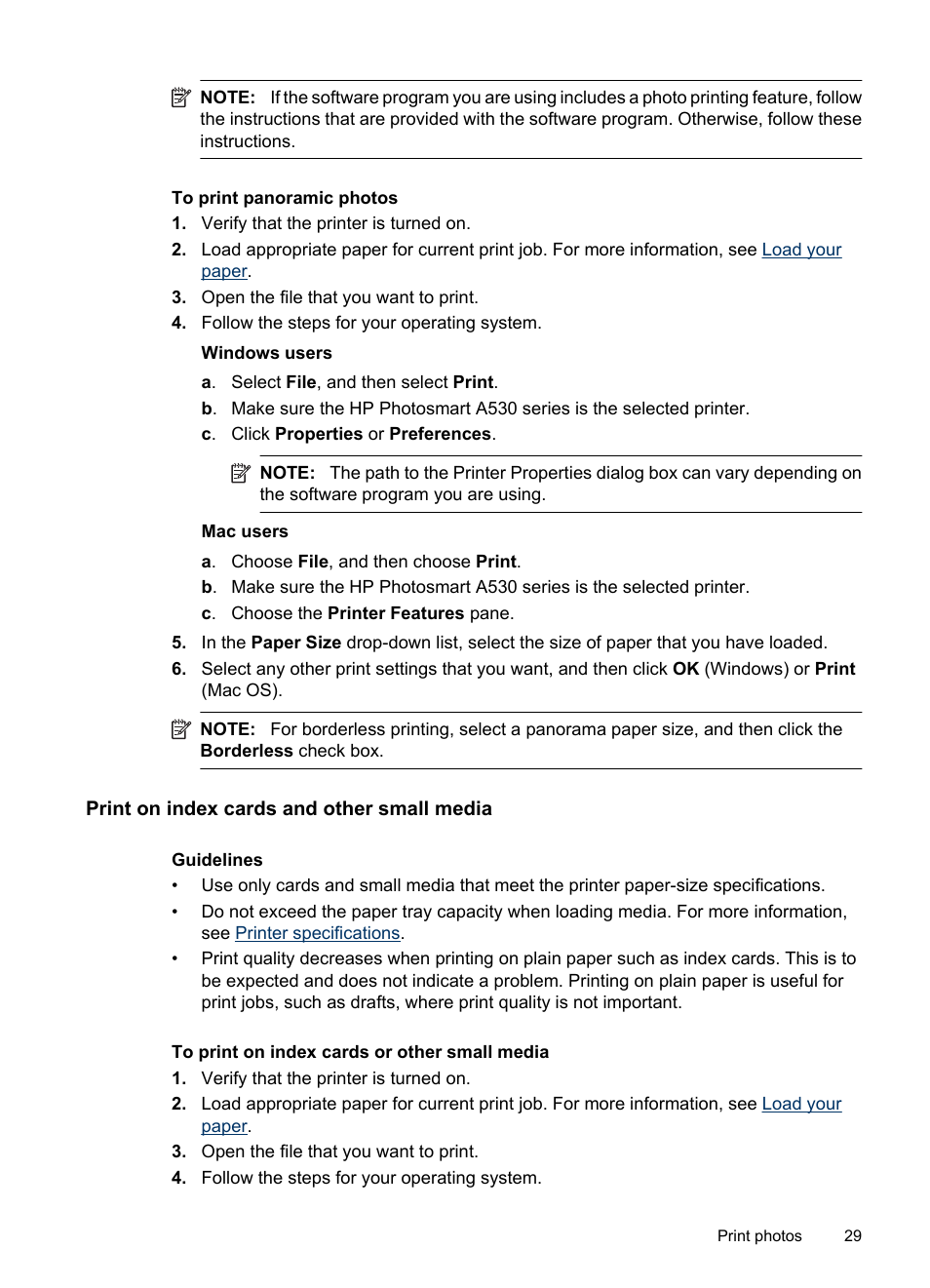 Print on index cards and other small media | HP Photosmart A530 Series User Manual | Page 31 / 68