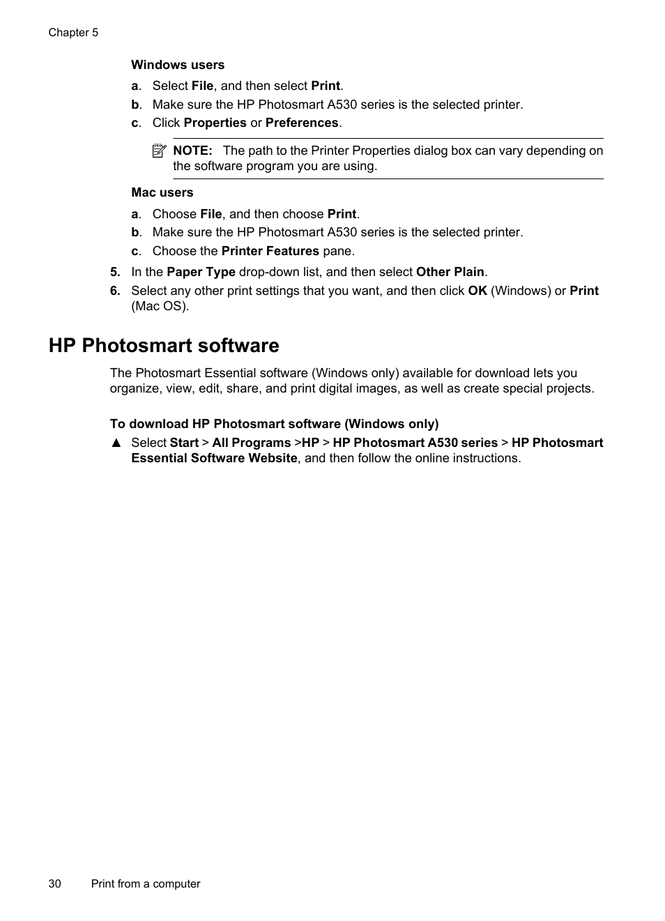 Hp photosmart software | HP Photosmart A530 Series User Manual | Page 32 / 68