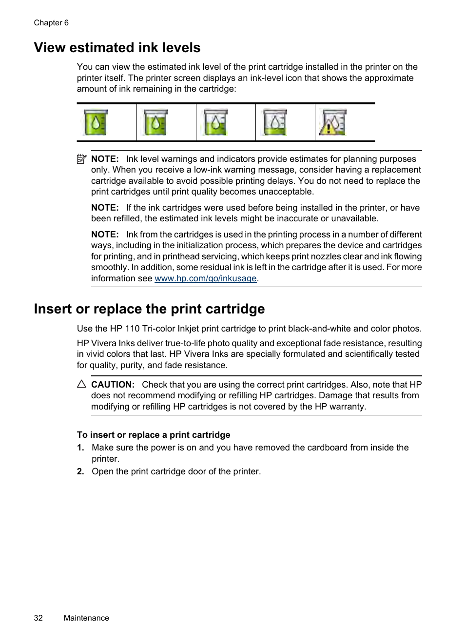 View estimated ink levels, Insert or replace the print cartridge | HP Photosmart A530 Series User Manual | Page 34 / 68