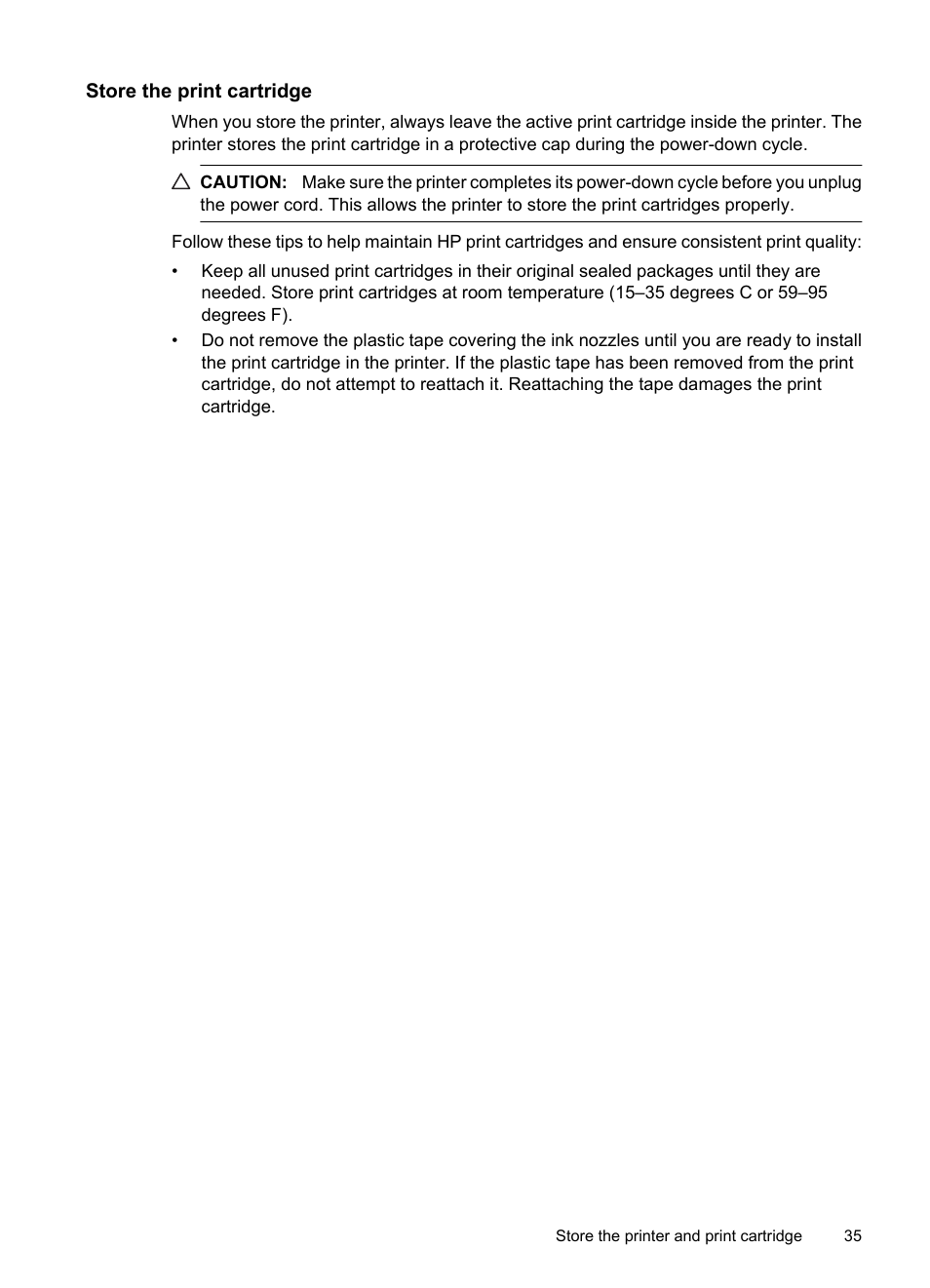 Store the print cartridge | HP Photosmart A530 Series User Manual | Page 37 / 68
