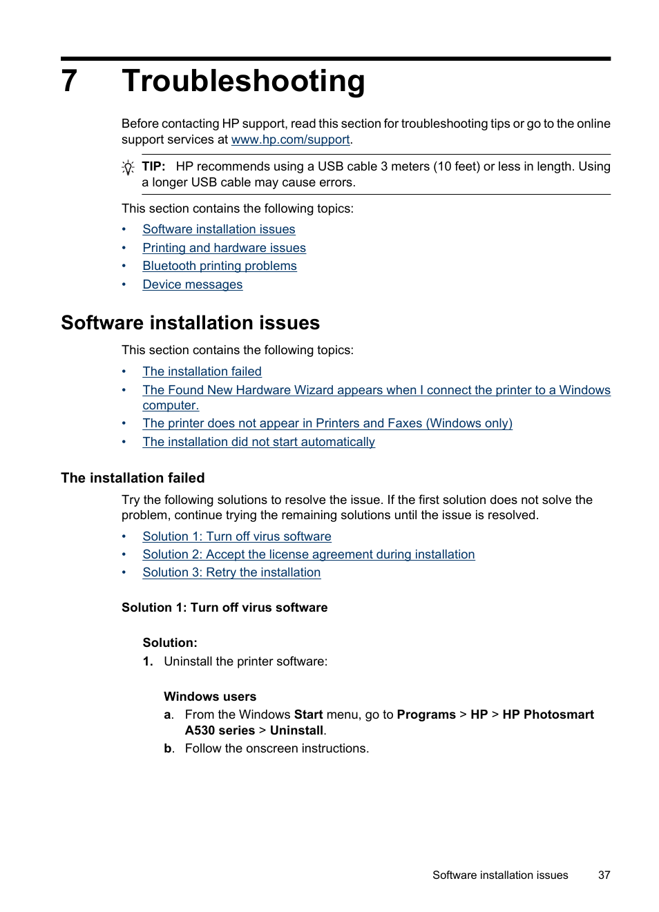 Troubleshooting, Software installation issues, The installation failed | 7 troubleshooting, 7troubleshooting | HP Photosmart A530 Series User Manual | Page 39 / 68