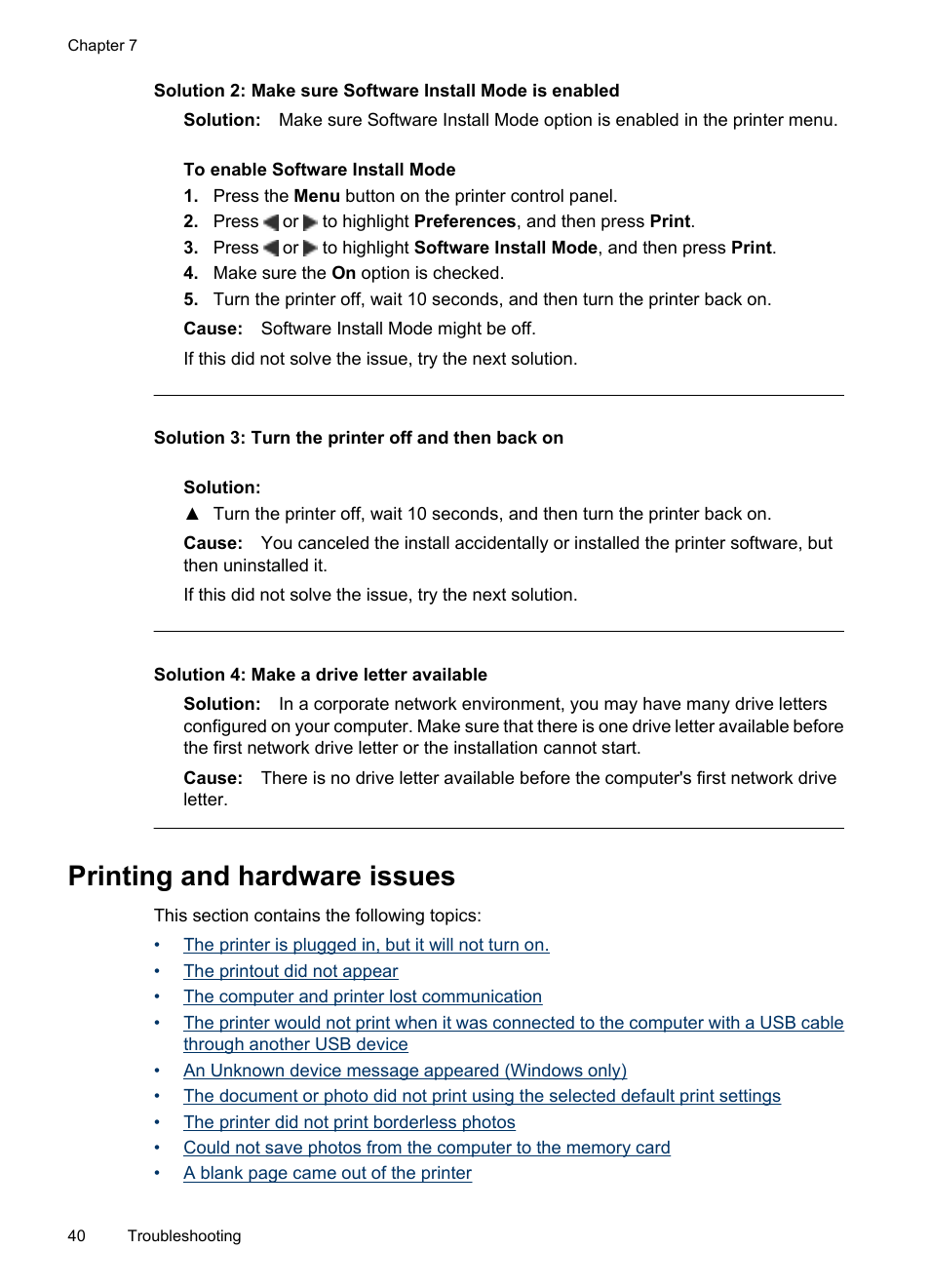 Printing and hardware issues, Solution 3: turn the printer off and then back on, Solution 4: make a drive letter available | HP Photosmart A530 Series User Manual | Page 42 / 68