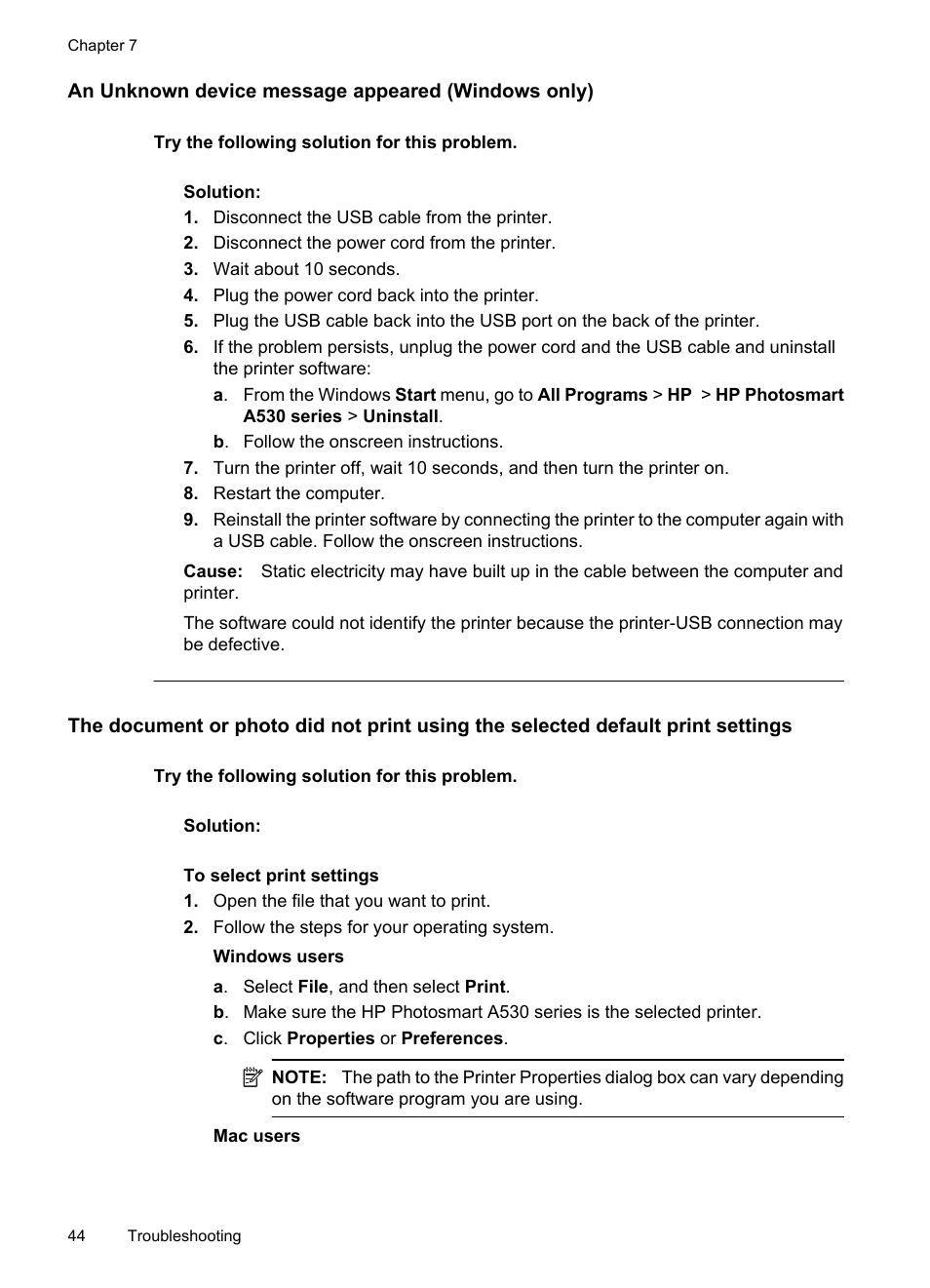 An unknown device message appeared (windows only) | HP Photosmart A530 Series User Manual | Page 46 / 68
