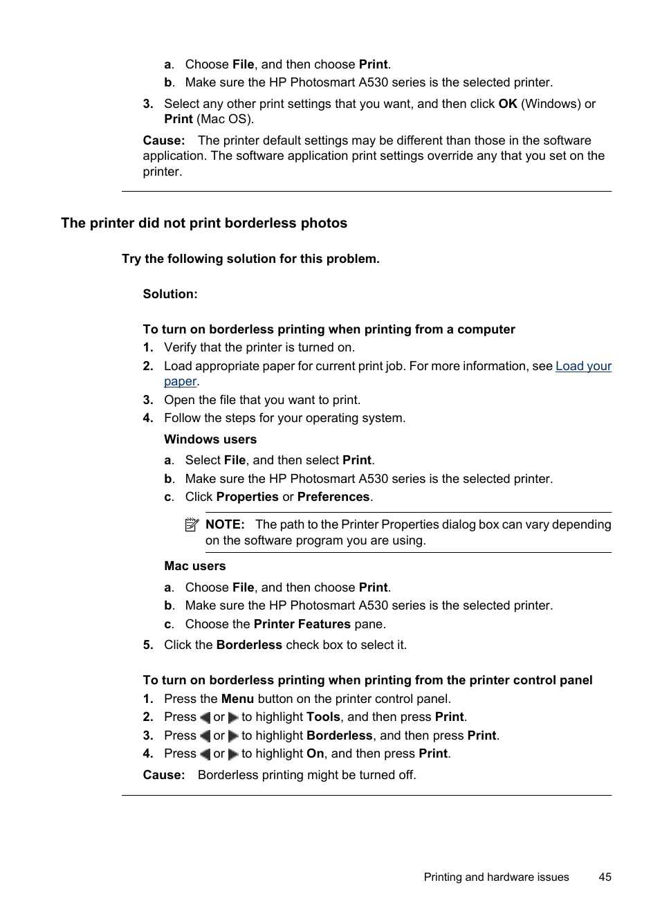 The printer did not print borderless photos | HP Photosmart A530 Series User Manual | Page 47 / 68