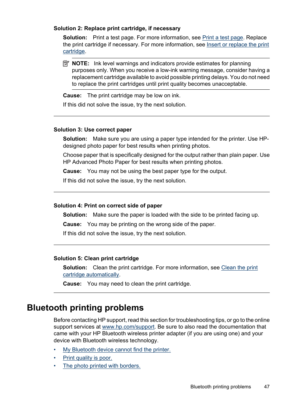 Bluetooth printing problems, Solution 2: replace print cartridge, if necessary, Solution 3: use correct paper | Solution 4: print on correct side of paper, Solution 5: clean print cartridge | HP Photosmart A530 Series User Manual | Page 49 / 68