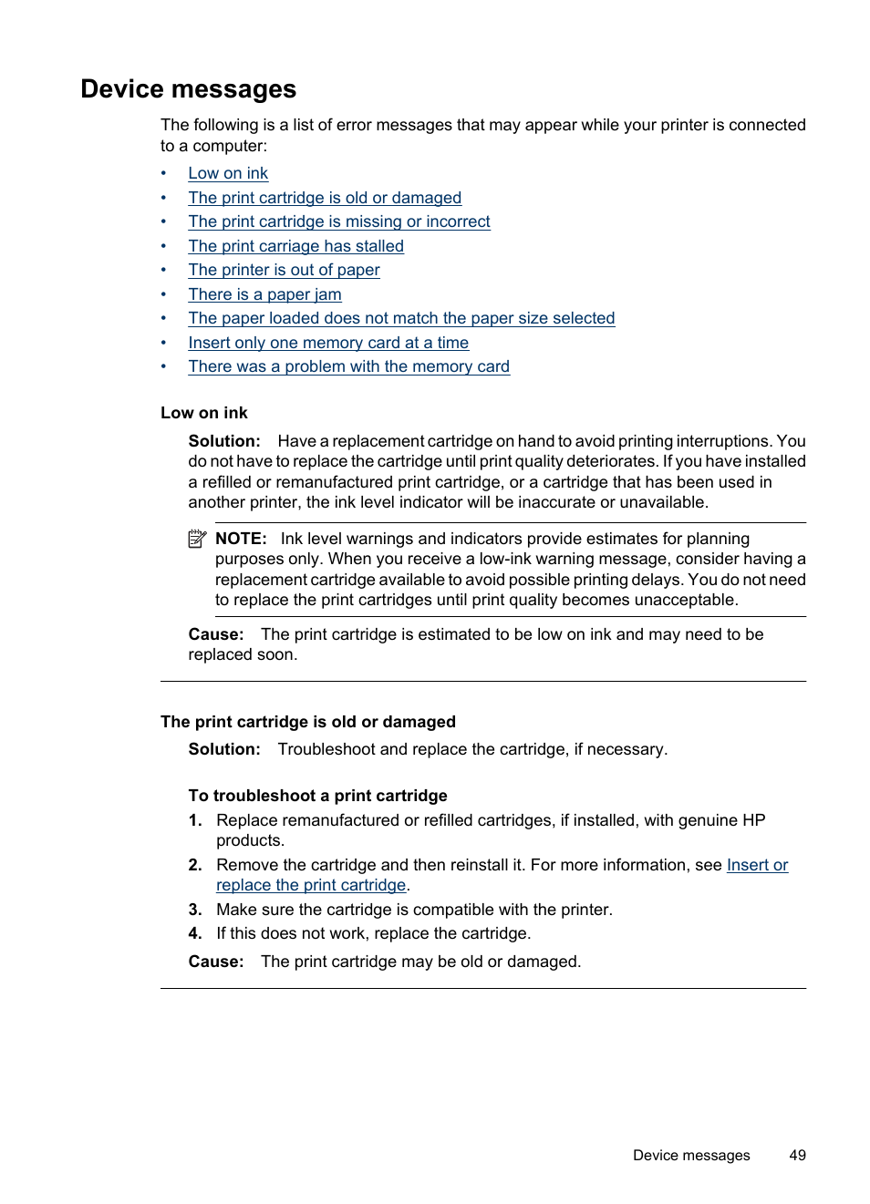 Device messages | HP Photosmart A530 Series User Manual | Page 51 / 68