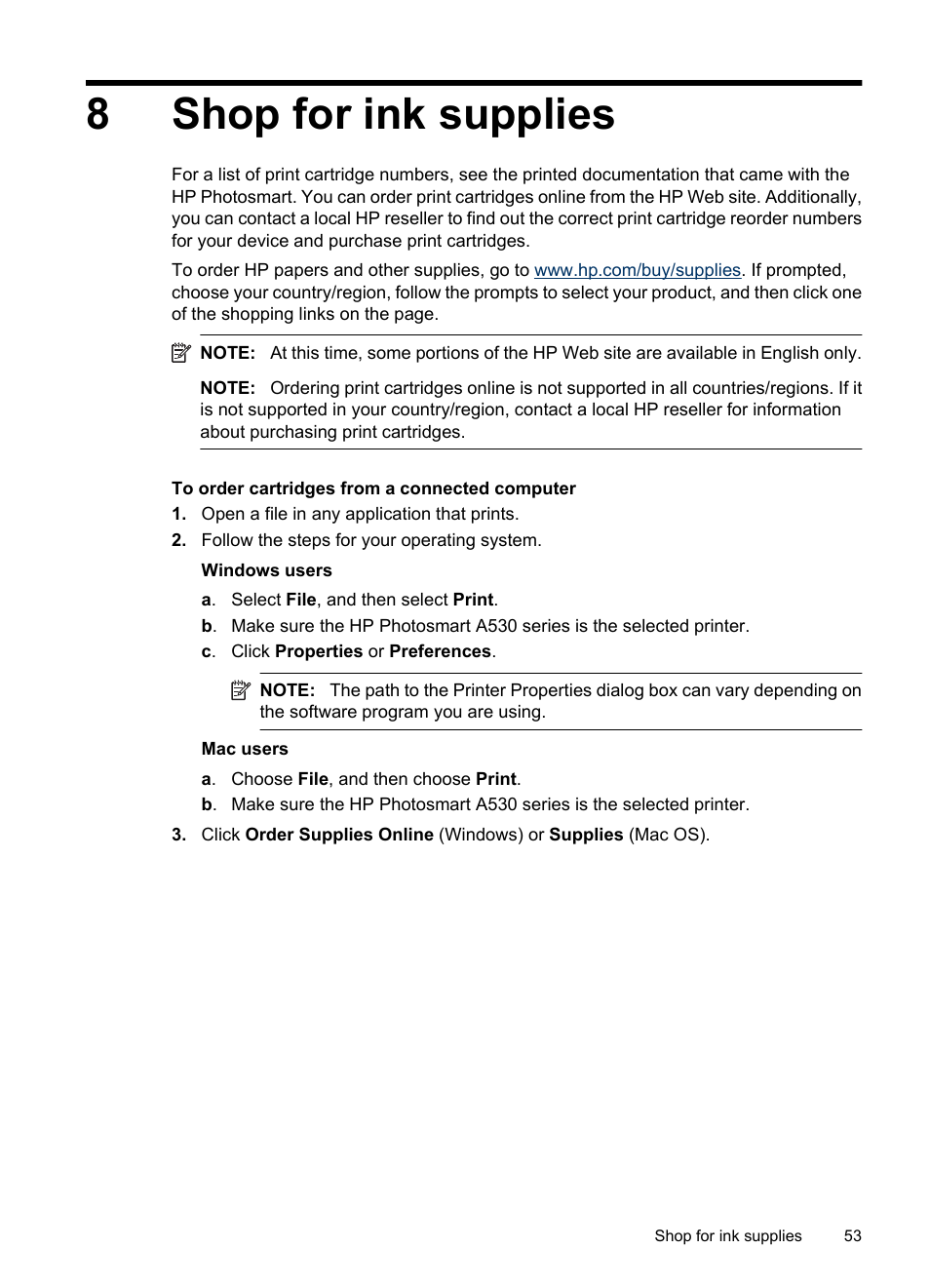 Shop for ink supplies, 8 shop for ink supplies, 8shop for ink supplies | HP Photosmart A530 Series User Manual | Page 55 / 68