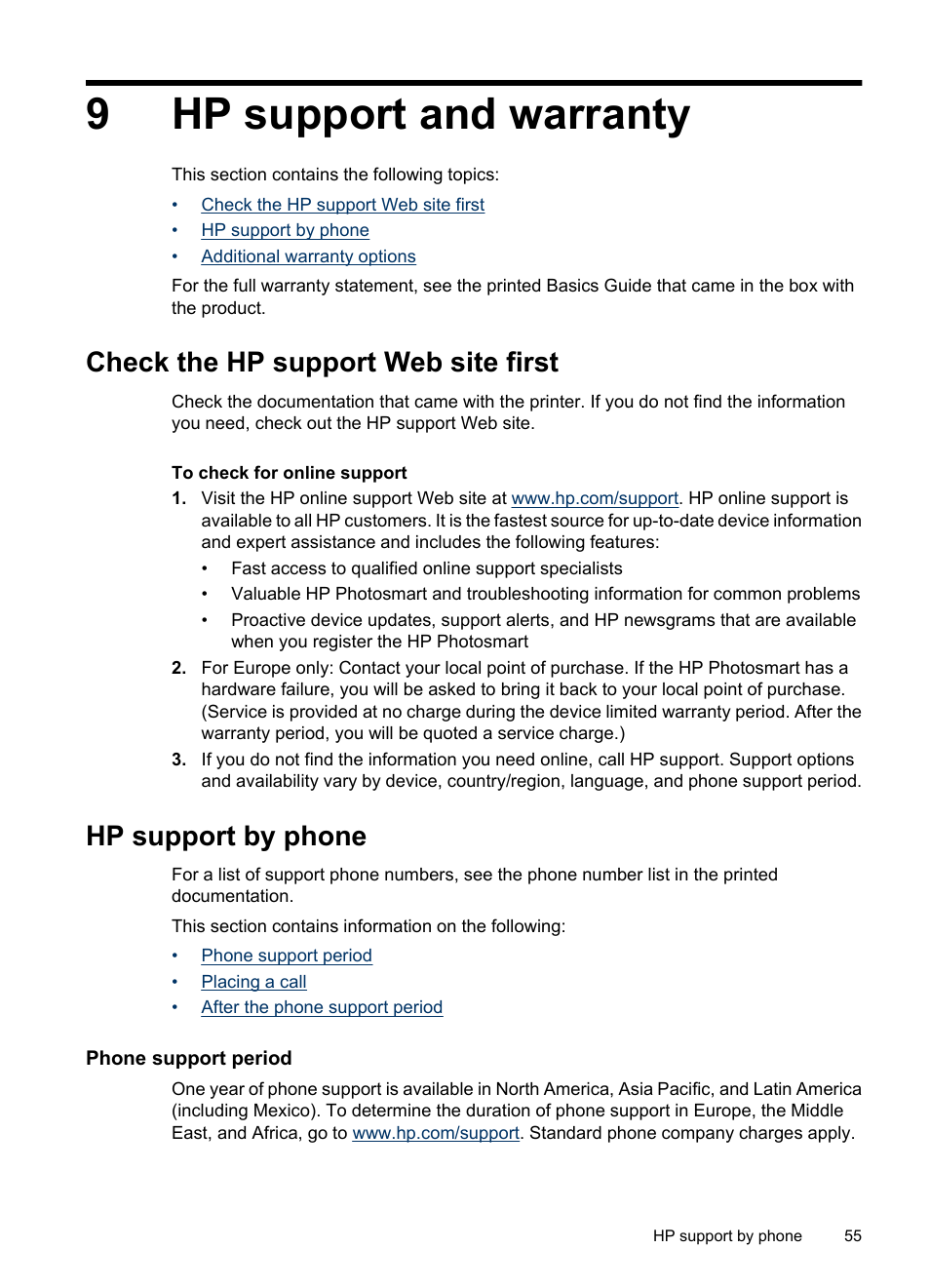 Hp support and warranty, Check the hp support web site first, Hp support by phone | Phone support period, 9 hp support and warranty, 9hp support and warranty | HP Photosmart A530 Series User Manual | Page 57 / 68