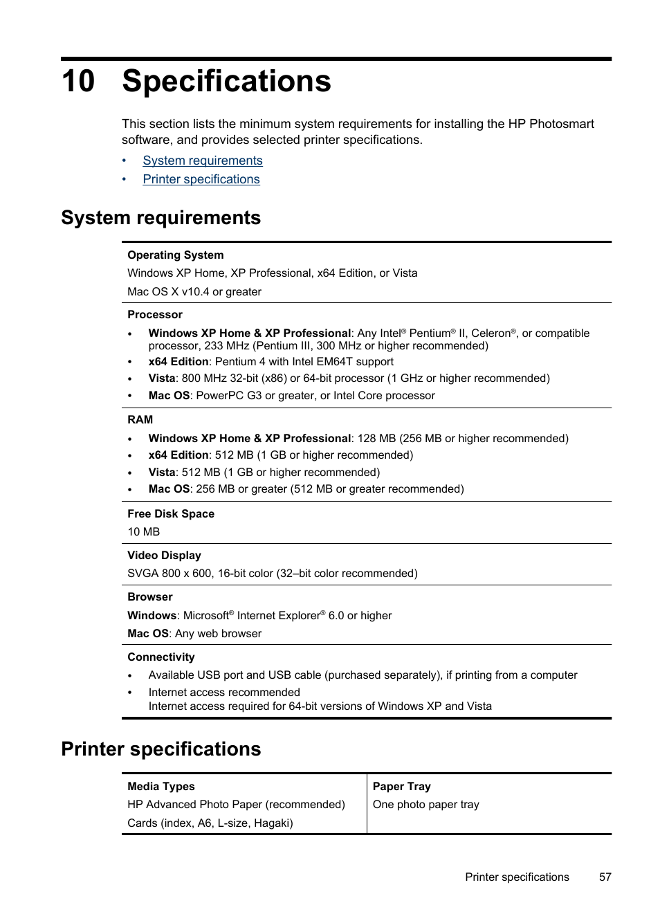 Specifications, System requirements, Printer specifications | 10 specifications, System requirements printer specifications | HP Photosmart A530 Series User Manual | Page 59 / 68