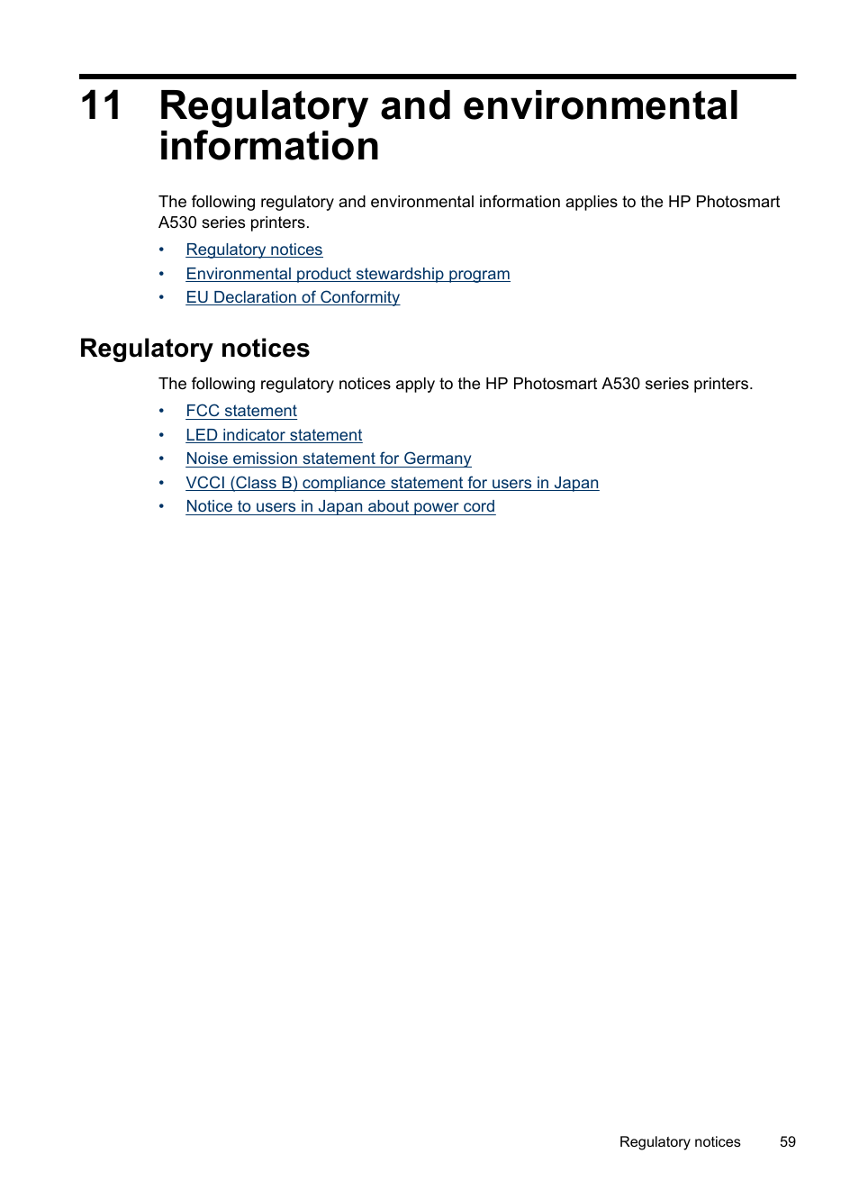 Regulatory and environmental information, Regulatory notices, 11 regulatory and environmental information | HP Photosmart A530 Series User Manual | Page 61 / 68