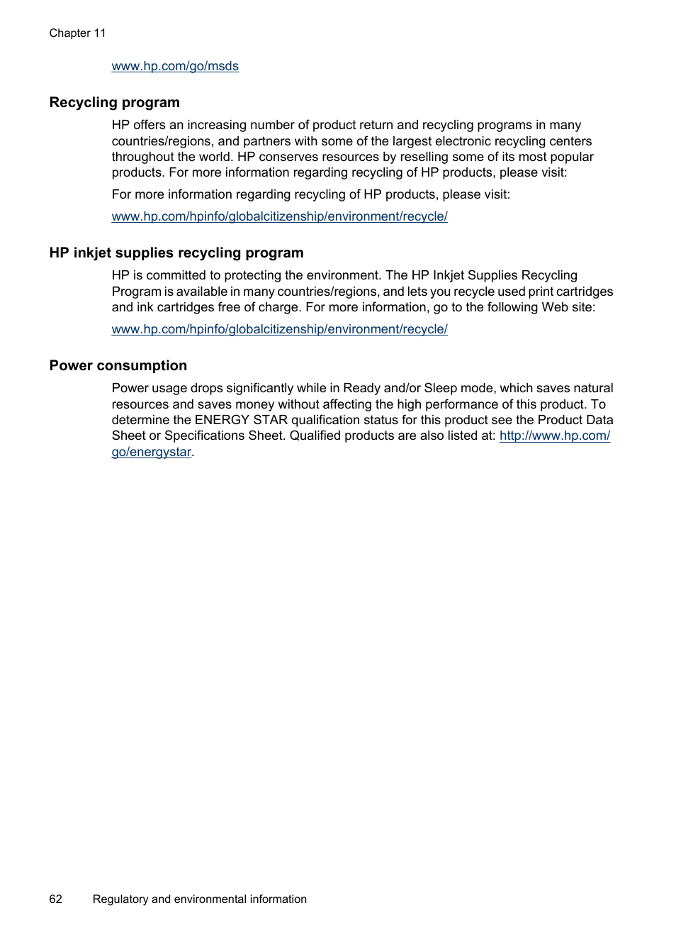 Recycling program, Hp inkjet supplies recycling program, Power consumption | HP Photosmart A530 Series User Manual | Page 64 / 68