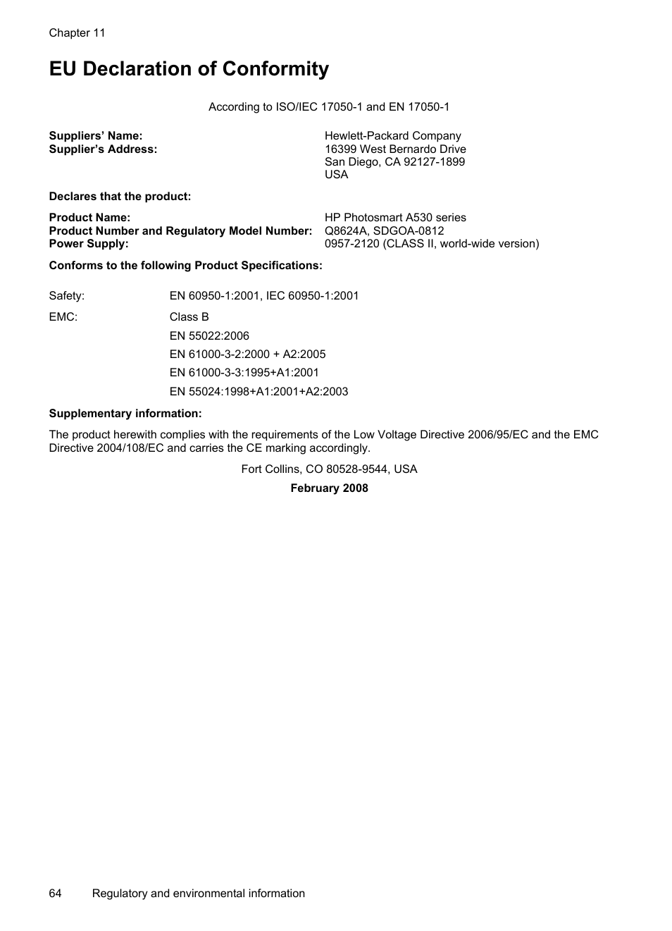 Eu declaration of conformity | HP Photosmart A530 Series User Manual | Page 66 / 68