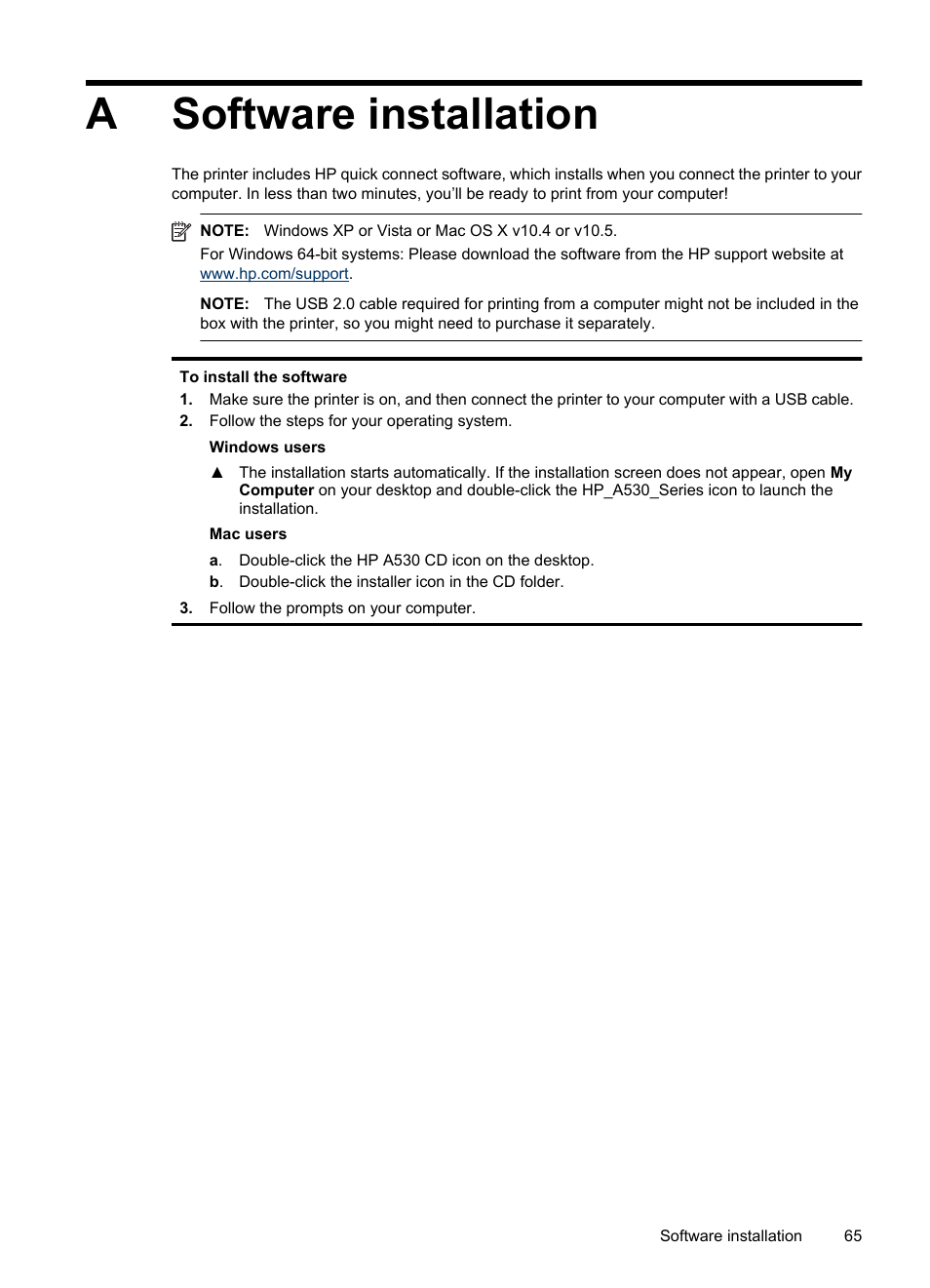 Software installation, A software installation, R or | Asoftware installation | HP Photosmart A530 Series User Manual | Page 67 / 68