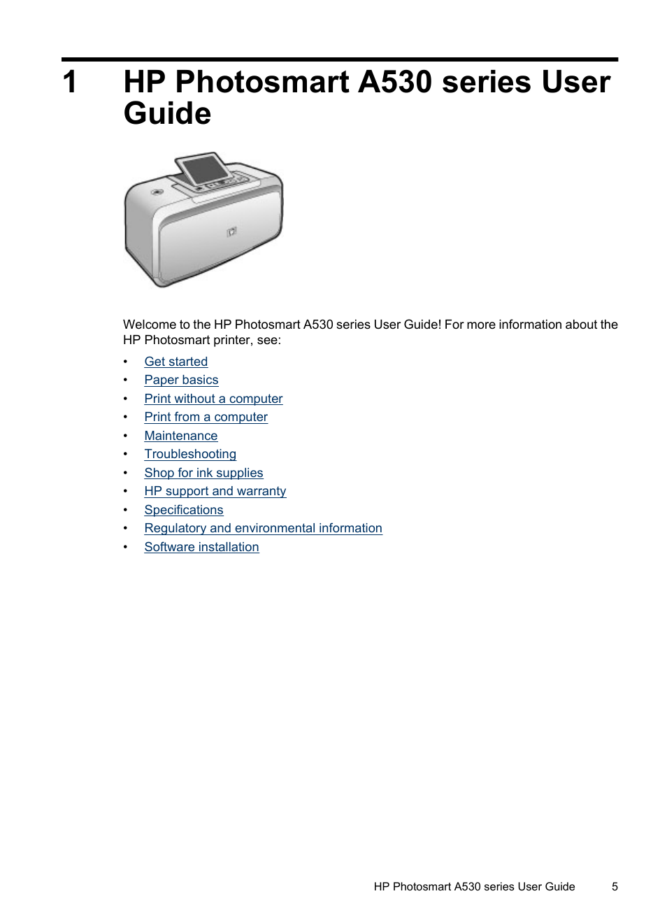 Hp photosmart a530 series user guide, 1 hp photosmart a530 series user guide, 1hp photosmart a530 series user guide | HP Photosmart A530 Series User Manual | Page 7 / 68