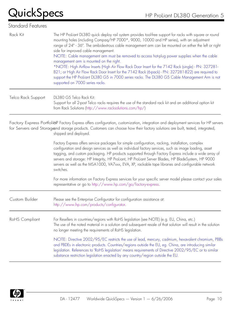 Quickspecs, Hp proliant dl380 generation 5 standard features | HP DL380 User Manual | Page 10 / 40