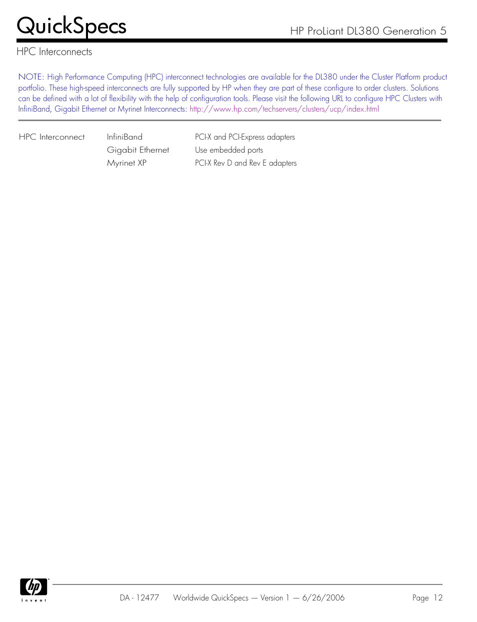 Hpc interconnects, Quickspecs | HP DL380 User Manual | Page 12 / 40