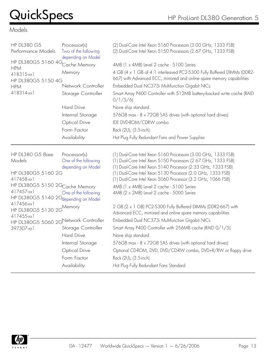 Models, Quickspecs, Hp proliant dl380 generation 5 models | HP DL380 User Manual | Page 13 / 40