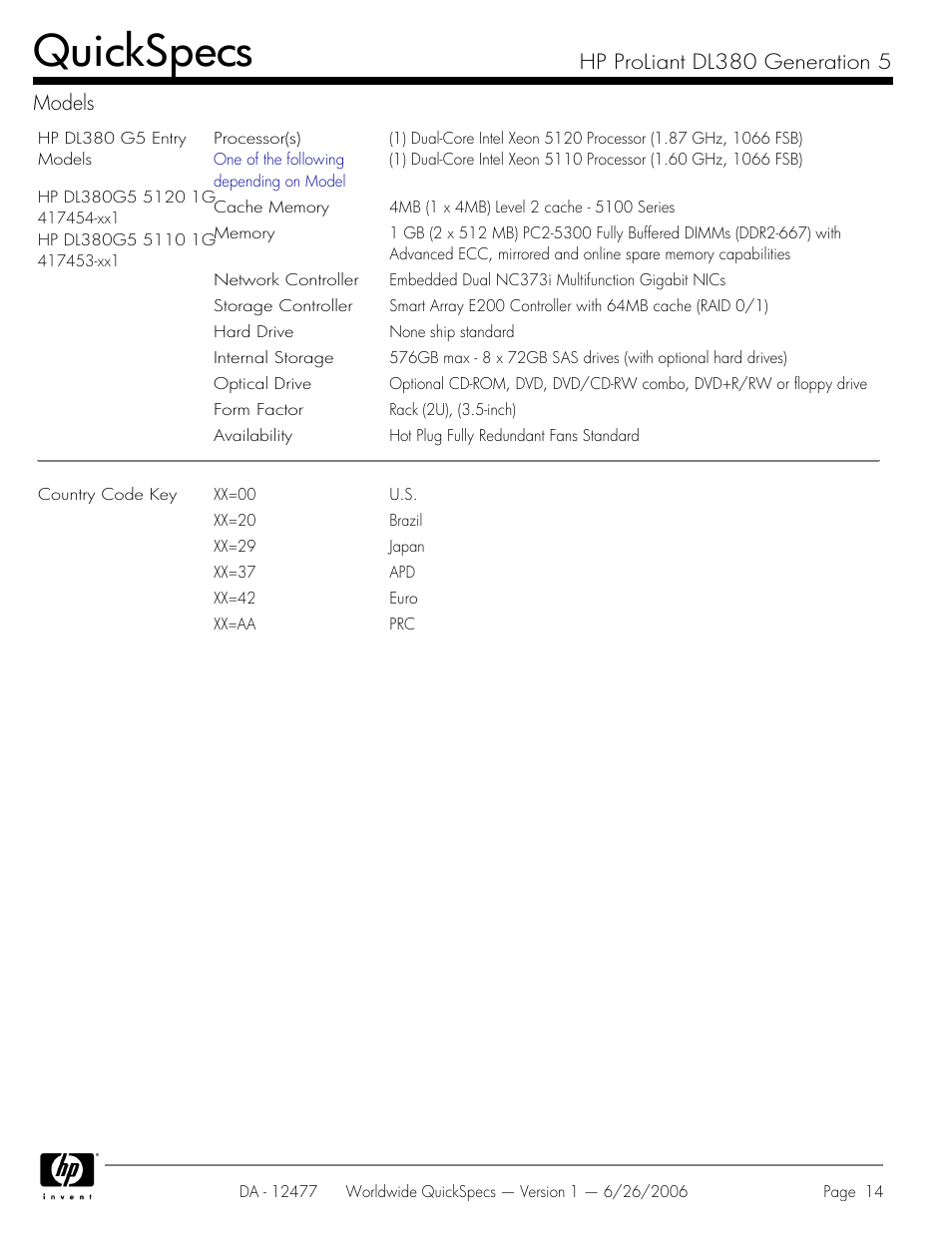 Quickspecs, Hp proliant dl380 generation 5 models | HP DL380 User Manual | Page 14 / 40