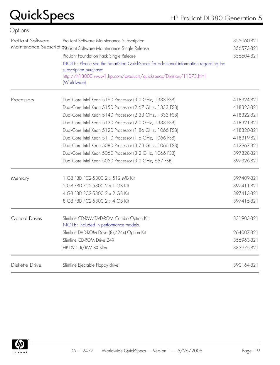 Quickspecs, Hp proliant dl380 generation 5 options | HP DL380 User Manual | Page 19 / 40