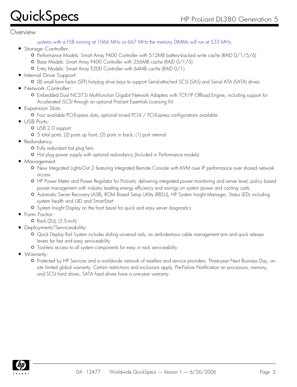 Quickspecs, Hp proliant dl380 generation 5 overview | HP DL380 User Manual | Page 2 / 40