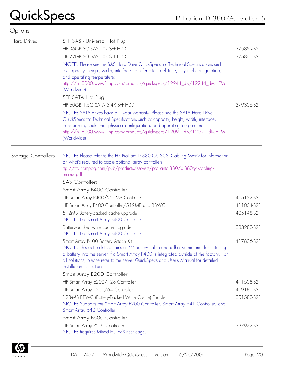 Quickspecs, Hp proliant dl380 generation 5 options | HP DL380 User Manual | Page 20 / 40