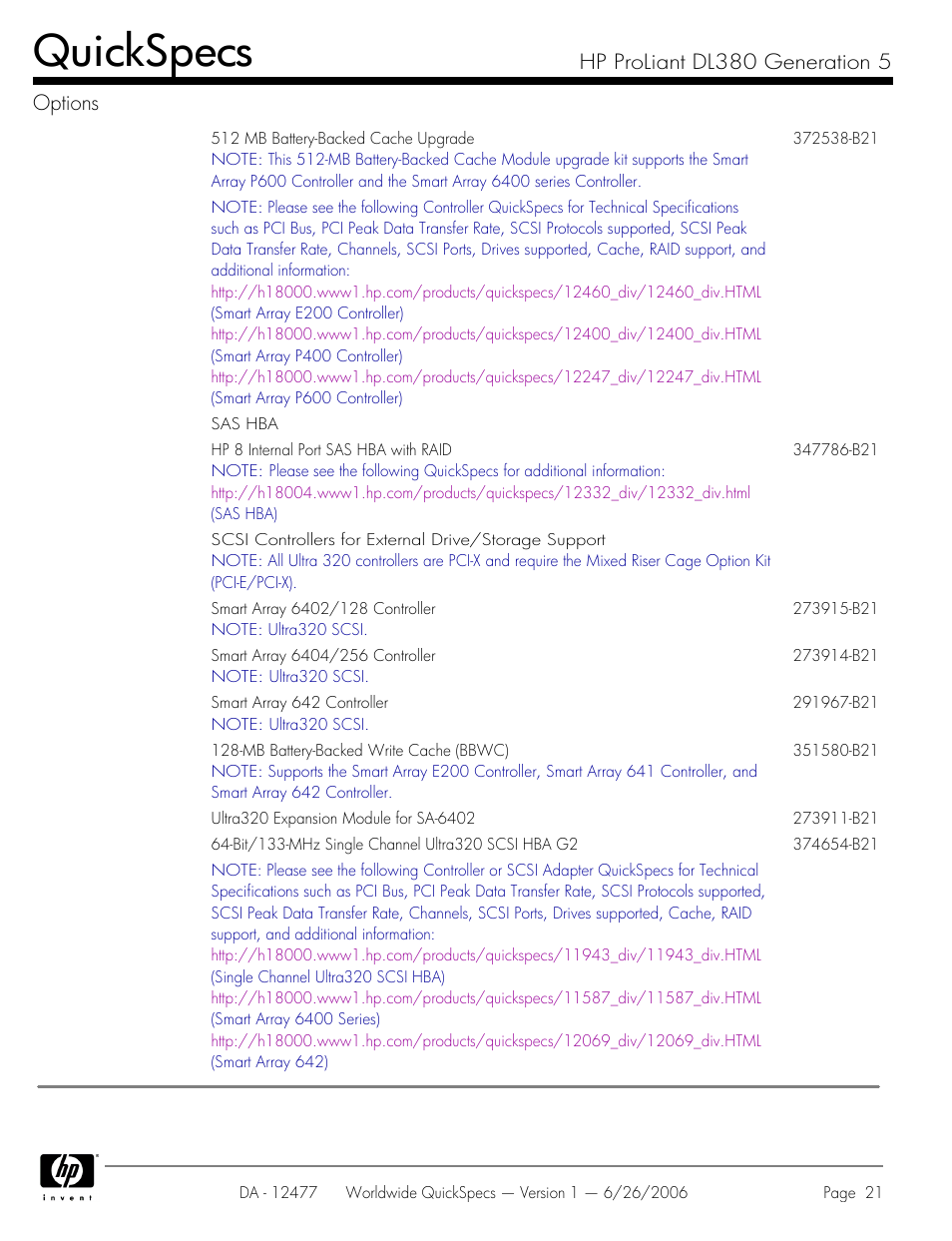 Quickspecs, Hp proliant dl380 generation 5 options | HP DL380 User Manual | Page 21 / 40