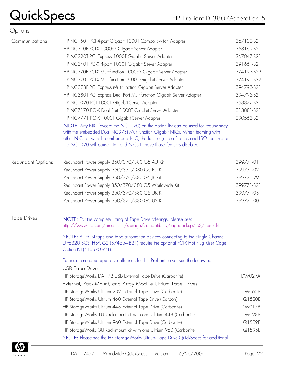 Quickspecs, Hp proliant dl380 generation 5 options | HP DL380 User Manual | Page 22 / 40