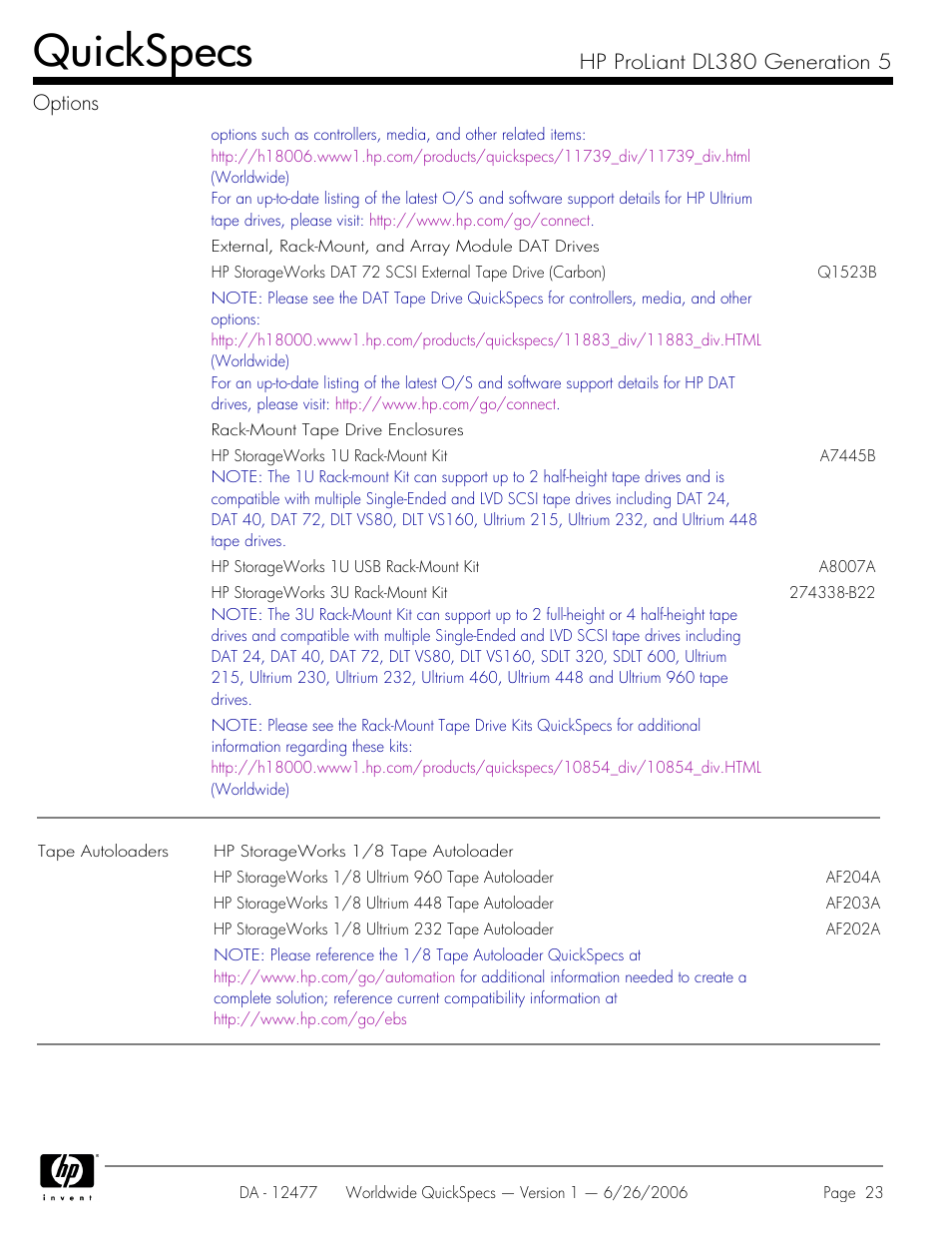 Quickspecs, Hp proliant dl380 generation 5 options | HP DL380 User Manual | Page 23 / 40