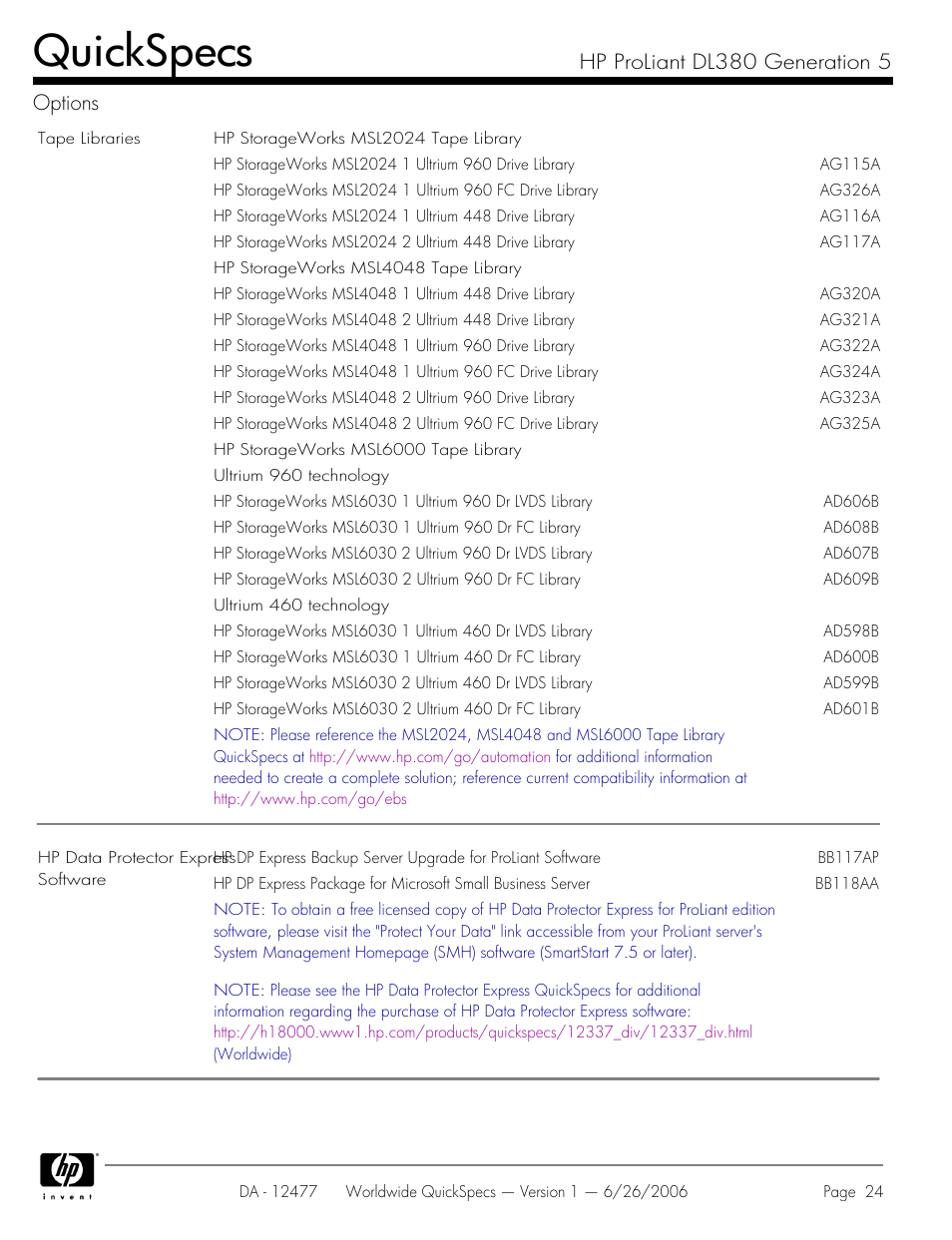 Quickspecs, Hp proliant dl380 generation 5 options | HP DL380 User Manual | Page 24 / 40