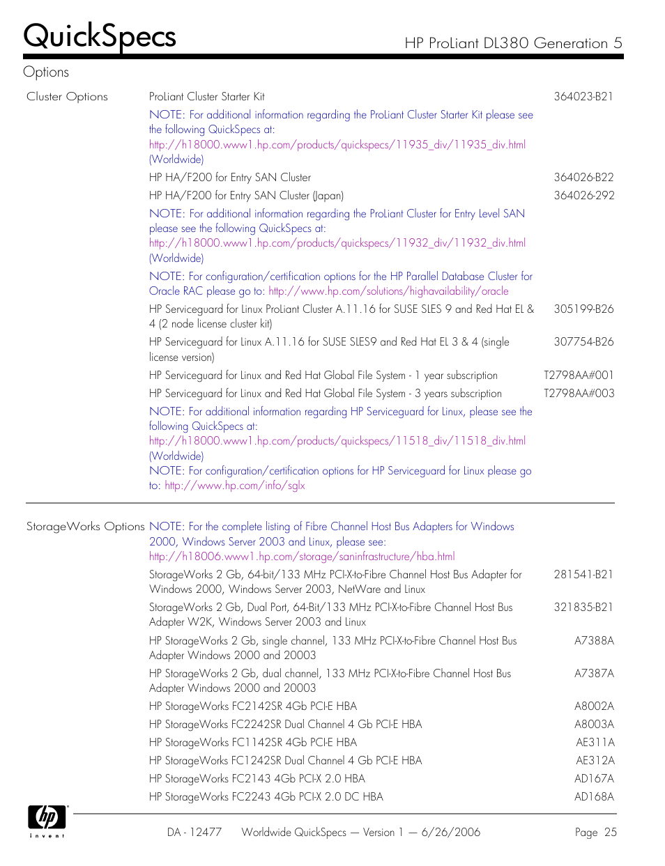 Quickspecs, Hp proliant dl380 generation 5 options | HP DL380 User Manual | Page 25 / 40