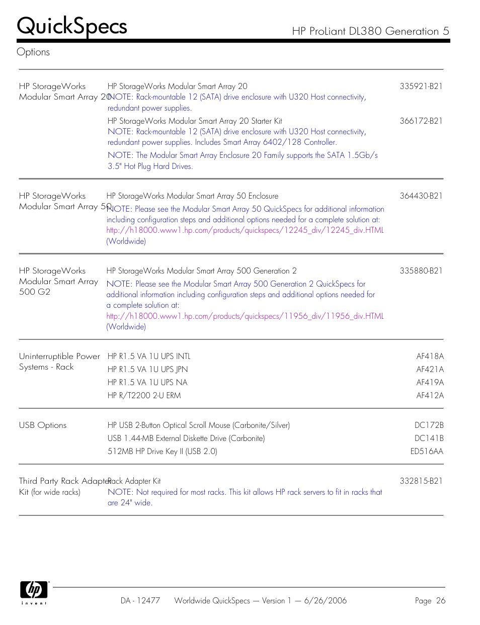 Quickspecs, Hp proliant dl380 generation 5 options | HP DL380 User Manual | Page 26 / 40