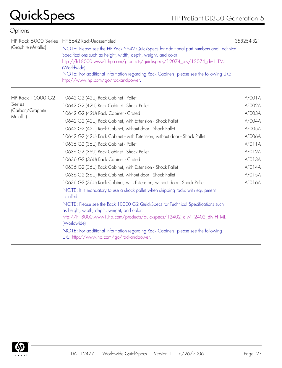 Quickspecs, Hp proliant dl380 generation 5 options | HP DL380 User Manual | Page 27 / 40