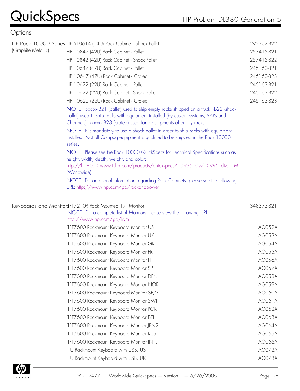 Quickspecs, Hp proliant dl380 generation 5 options | HP DL380 User Manual | Page 28 / 40