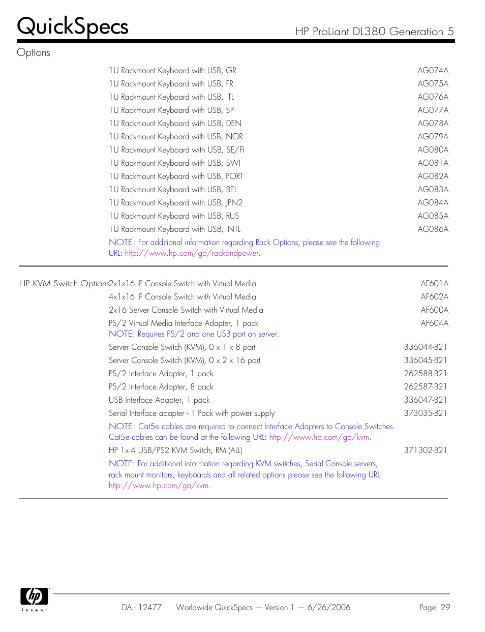 Quickspecs, Hp proliant dl380 generation 5 options | HP DL380 User Manual | Page 29 / 40