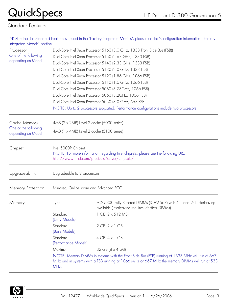 Standard features, Quickspecs, Hp proliant dl380 generation 5 standard features | HP DL380 User Manual | Page 3 / 40