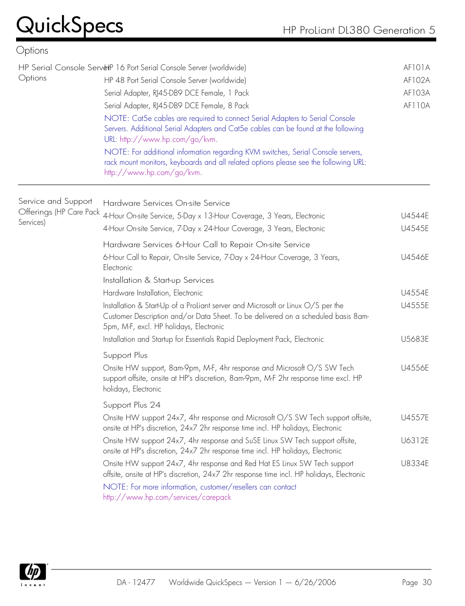 Quickspecs, Hp proliant dl380 generation 5 options | HP DL380 User Manual | Page 30 / 40