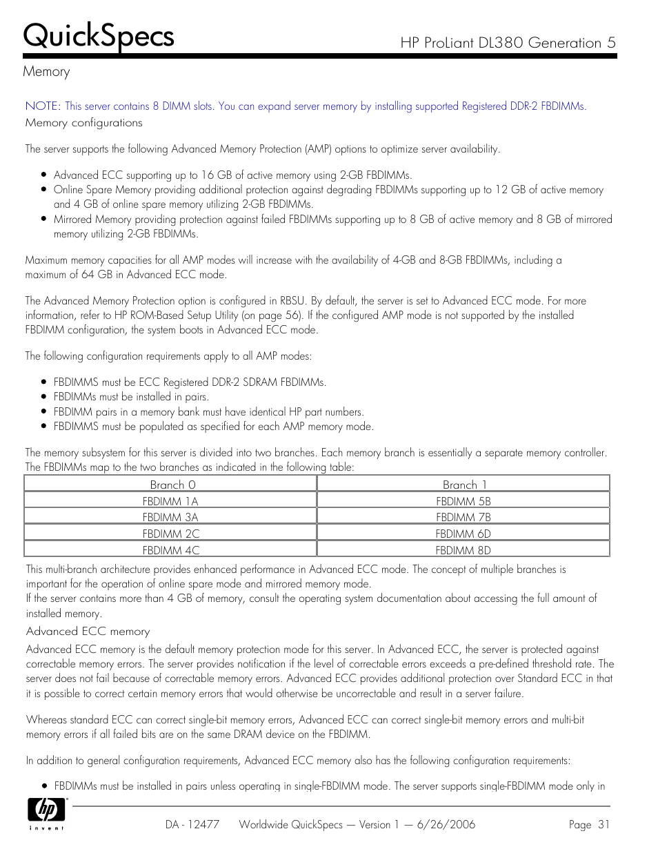 Memory, Quickspecs | HP DL380 User Manual | Page 31 / 40
