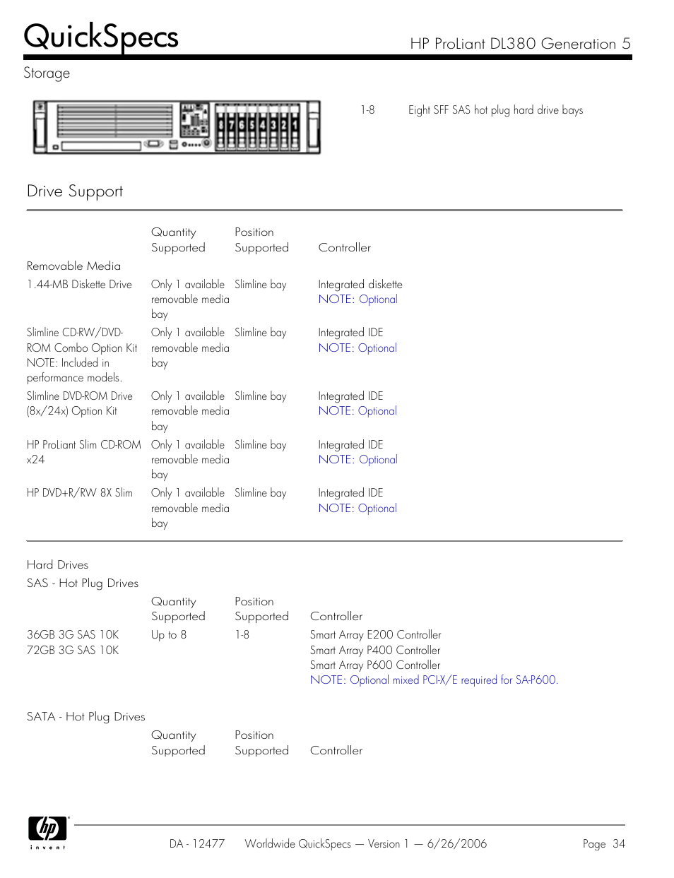 Storage, Quickspecs, Drive support | Hp proliant dl380 generation 5 storage | HP DL380 User Manual | Page 34 / 40