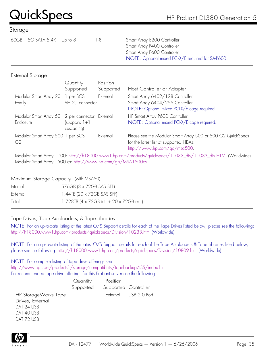 Quickspecs, Hp proliant dl380 generation 5 storage | HP DL380 User Manual | Page 35 / 40