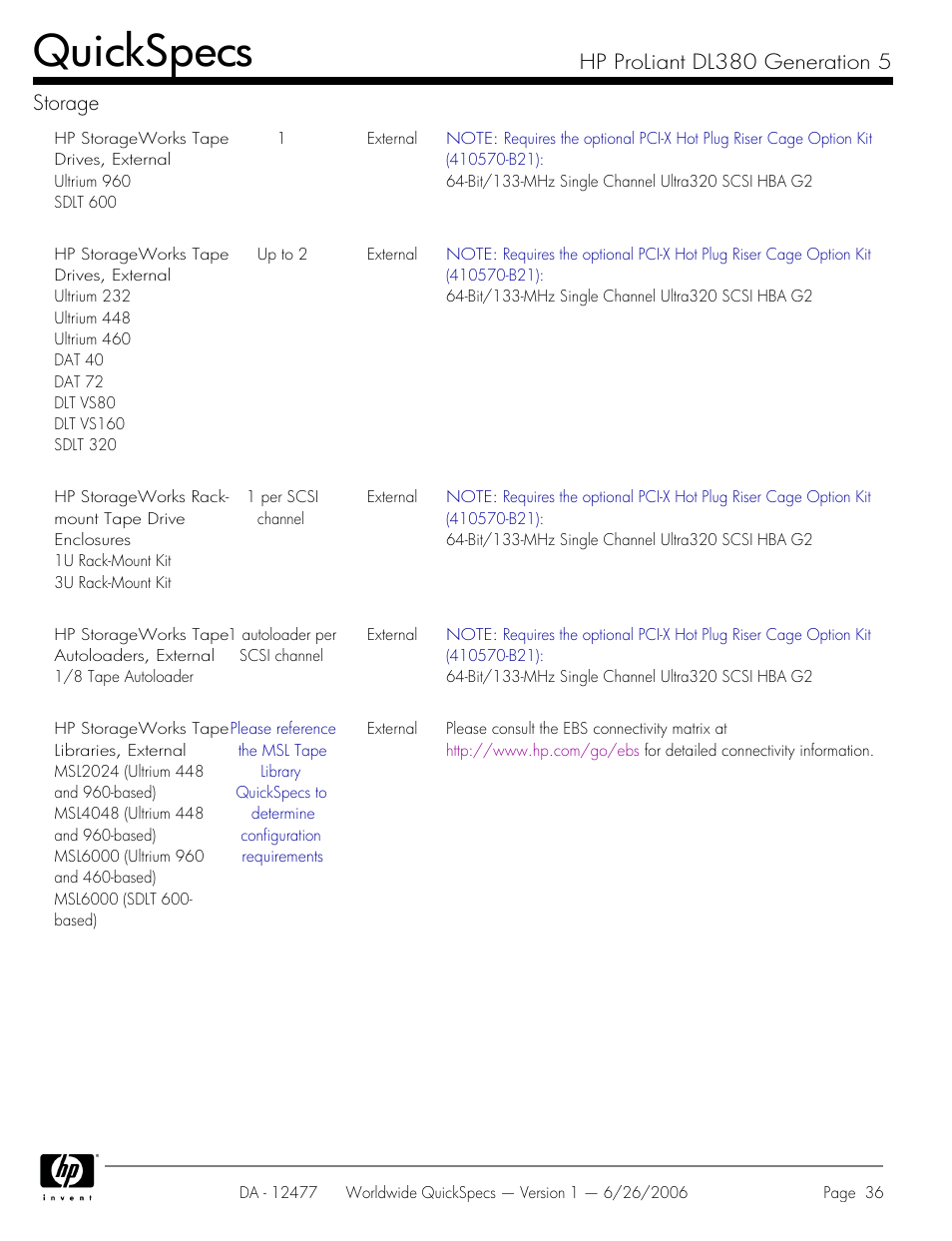 Quickspecs, Hp proliant dl380 generation 5 storage | HP DL380 User Manual | Page 36 / 40