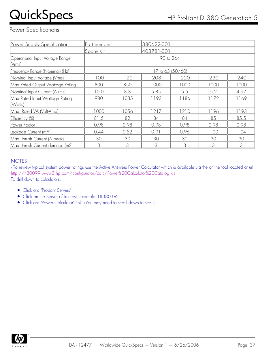Power specifications, Quickspecs | HP DL380 User Manual | Page 37 / 40