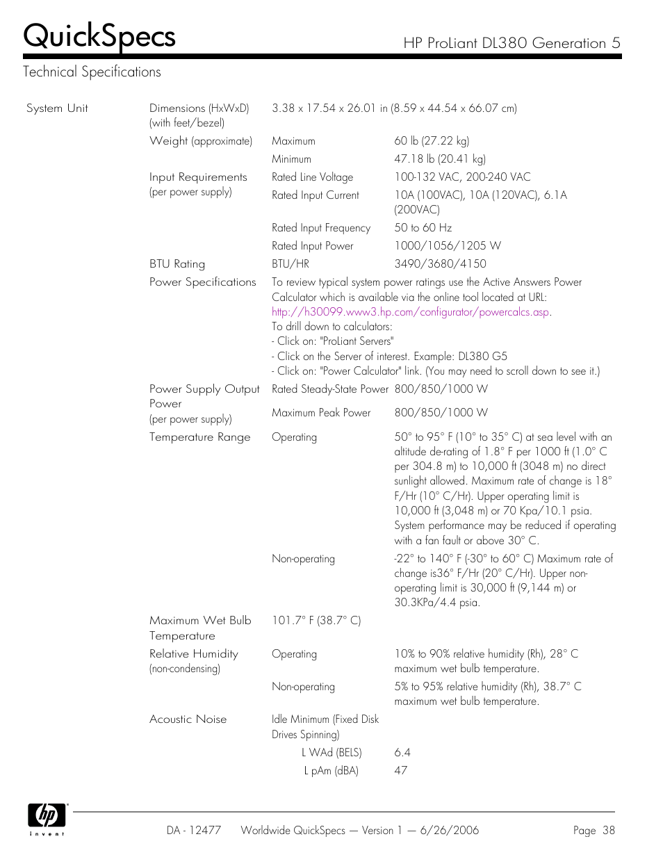 Technical specifications, Quickspecs | HP DL380 User Manual | Page 38 / 40