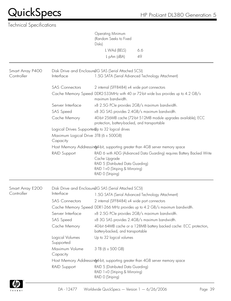 Quickspecs | HP DL380 User Manual | Page 39 / 40