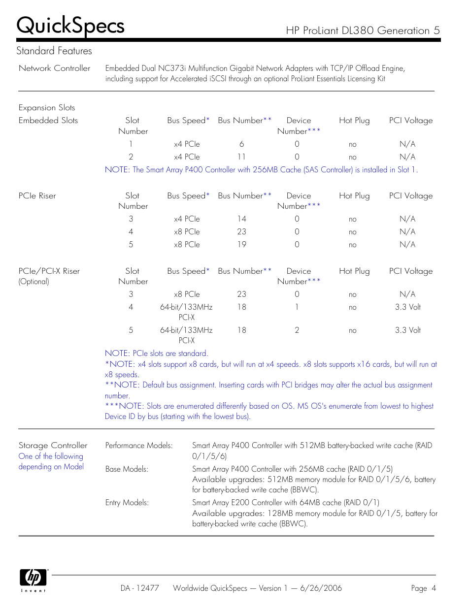 Quickspecs, Hp proliant dl380 generation 5 standard features | HP DL380 User Manual | Page 4 / 40