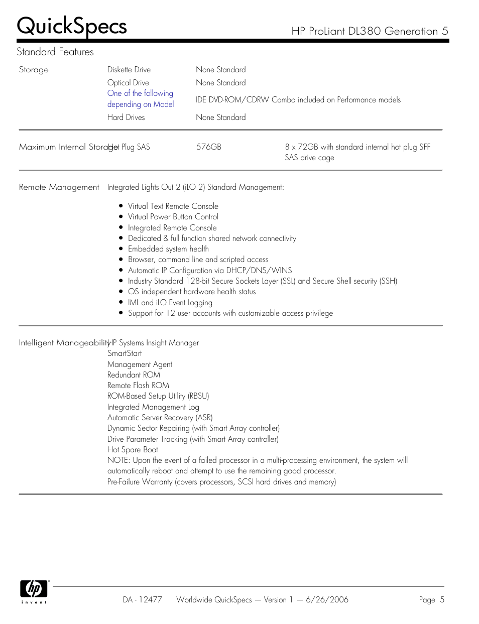 Quickspecs | HP DL380 User Manual | Page 5 / 40