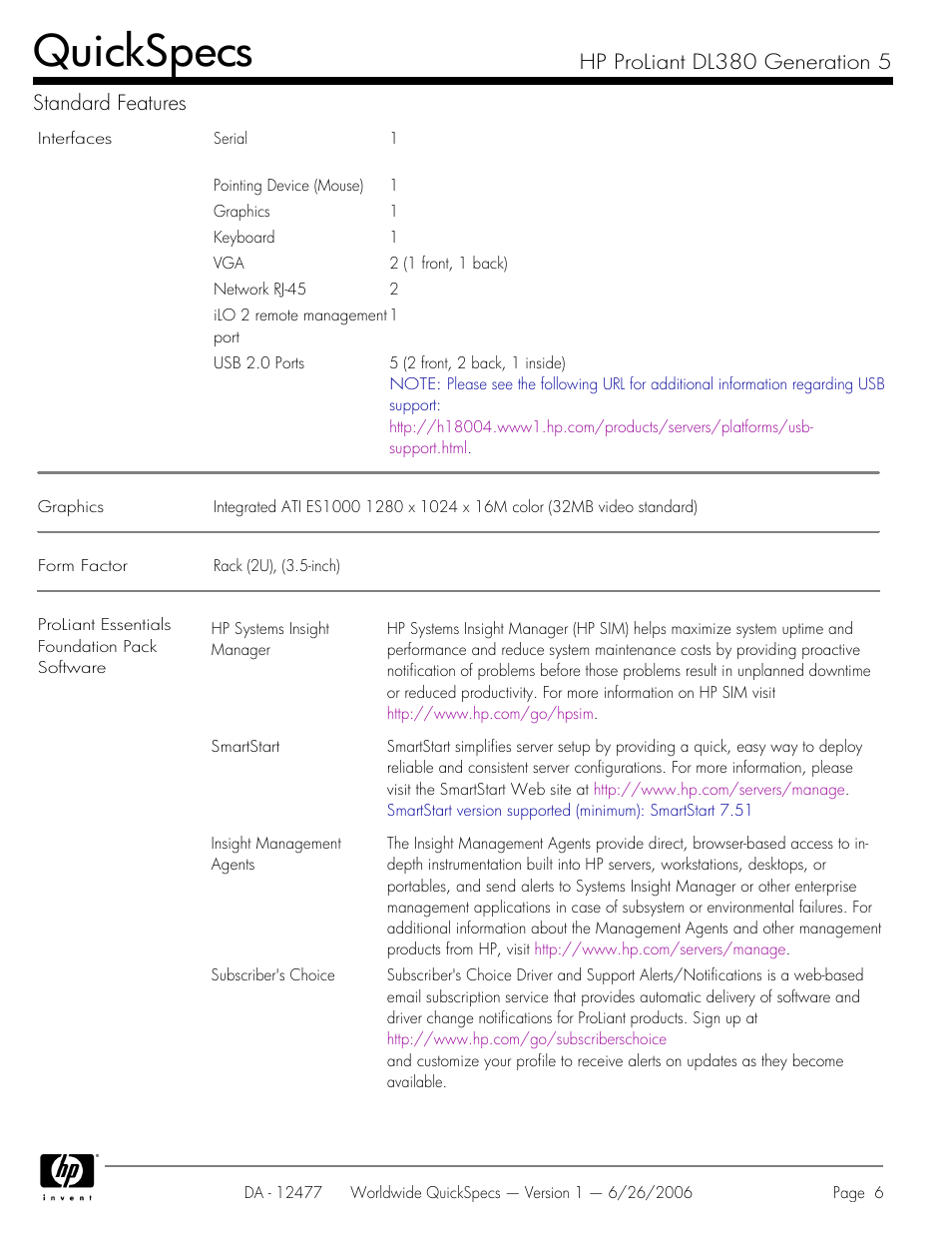 Quickspecs, Hp proliant dl380 generation 5 standard features | HP DL380 User Manual | Page 6 / 40